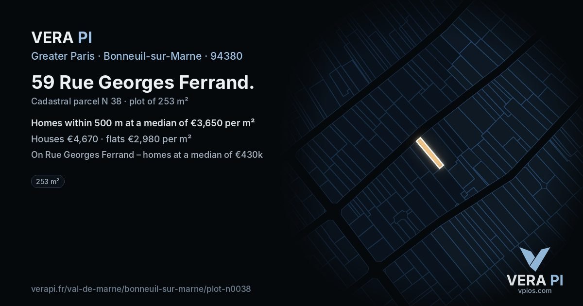 59 Rue Georges Ferrand, Bonneuil-sur-Marne at night – the plot lit, the parcels around coloured by the prices near them