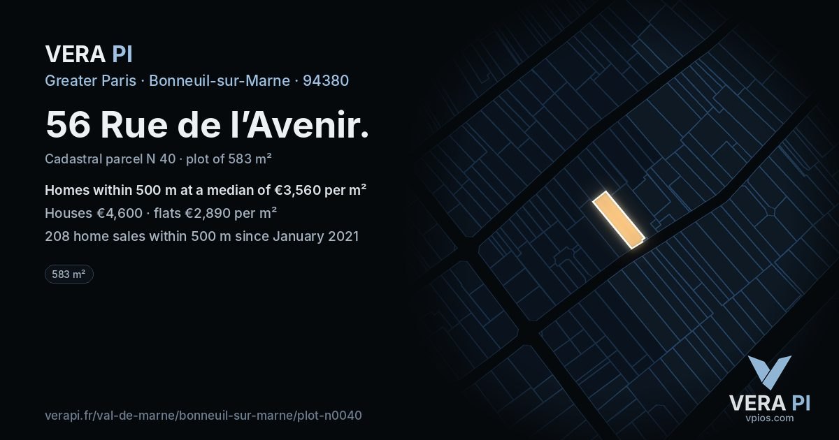 56 Rue de l’Avenir, Bonneuil-sur-Marne at night – the plot lit, the parcels around coloured by the prices near them