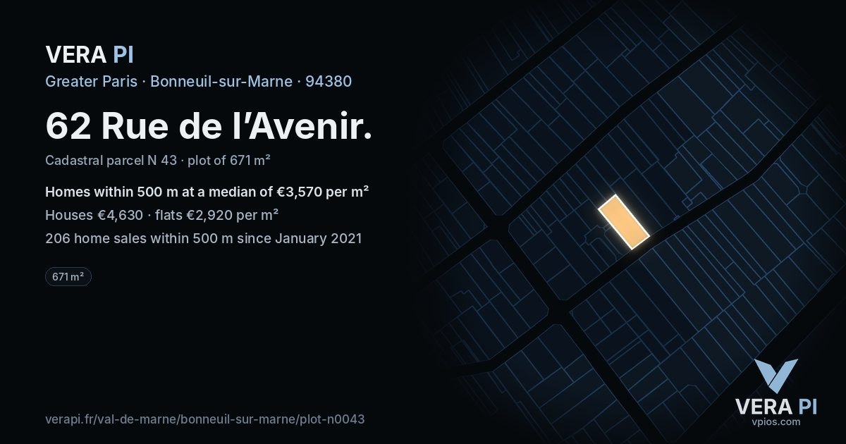 62 Rue de l’Avenir, Bonneuil-sur-Marne at night – the plot lit, the parcels around coloured by the prices near them