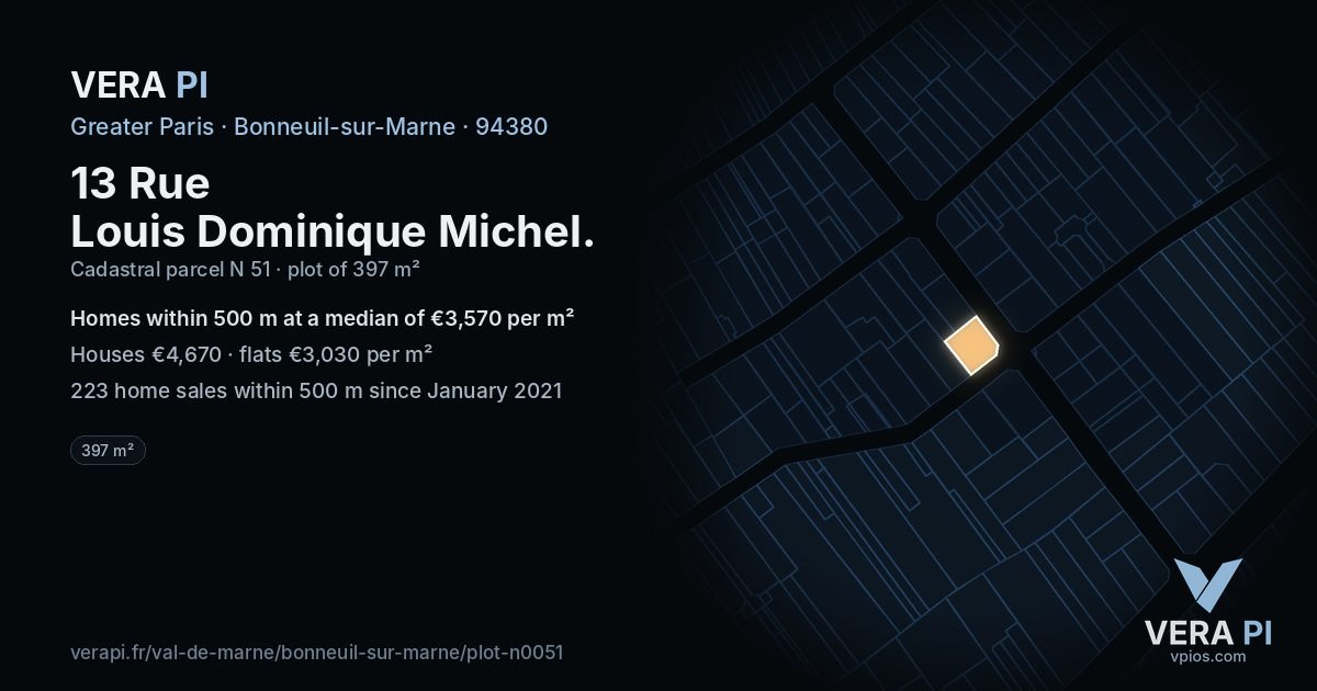 13 Rue Louis Dominique Michel, Bonneuil-sur-Marne at night – the plot lit, the parcels around coloured by the prices near them