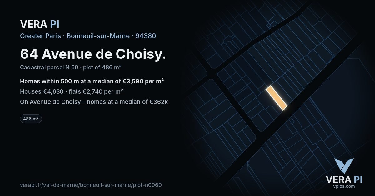 64 Avenue de Choisy, Bonneuil-sur-Marne at night – the plot lit, the parcels around coloured by the prices near them