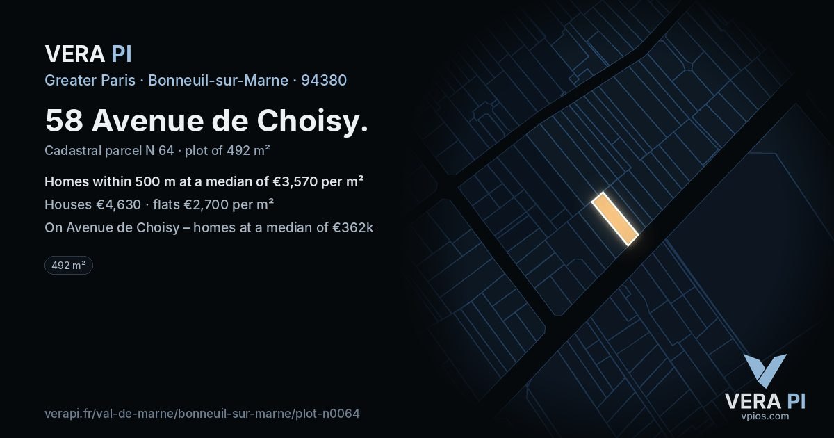 58 Avenue de Choisy, Bonneuil-sur-Marne at night – the plot lit, the parcels around coloured by the prices near them