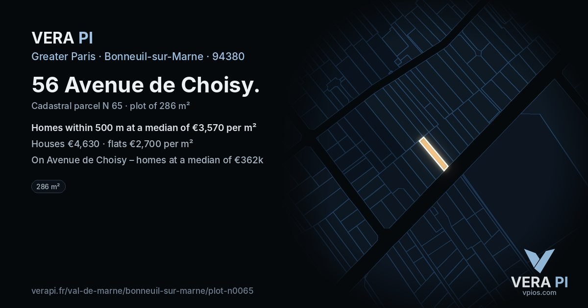56 Avenue de Choisy, Bonneuil-sur-Marne at night – the plot lit, the parcels around coloured by the prices near them