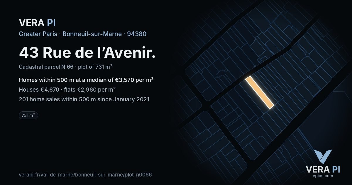 43 Rue de l’Avenir, Bonneuil-sur-Marne at night – the plot lit, the parcels around coloured by the prices near them