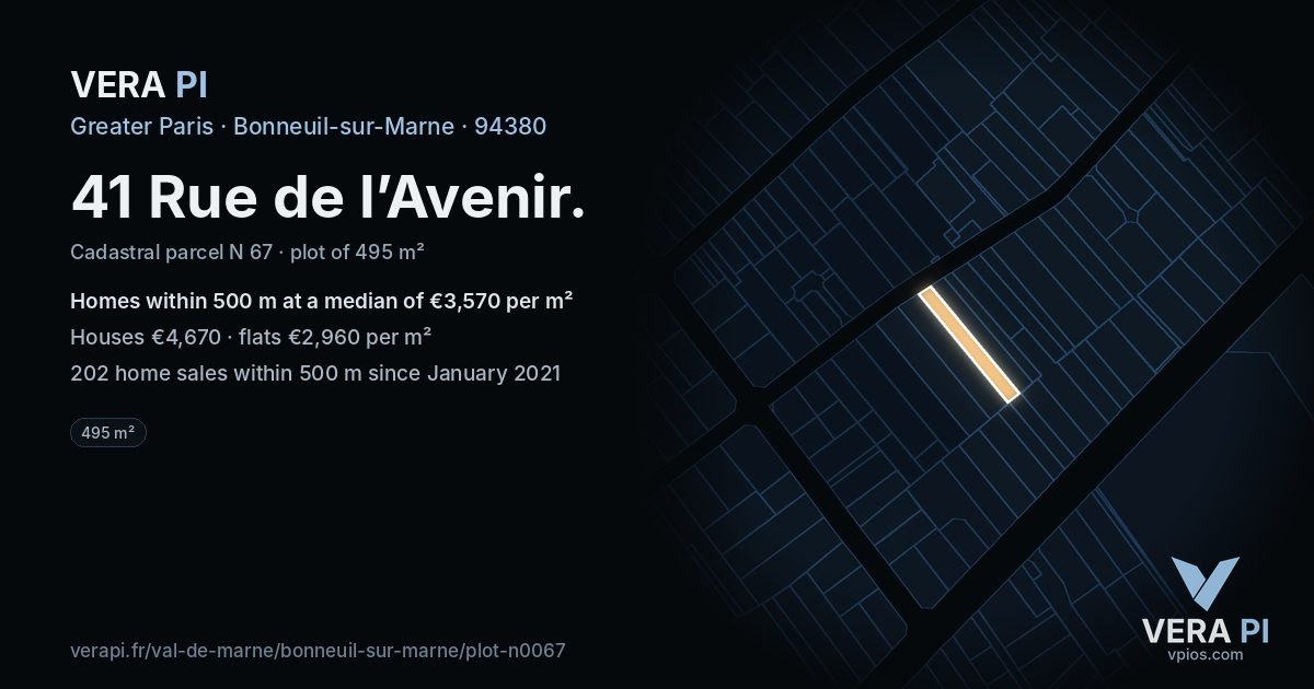41 Rue de l’Avenir, Bonneuil-sur-Marne at night – the plot lit, the parcels around coloured by the prices near them