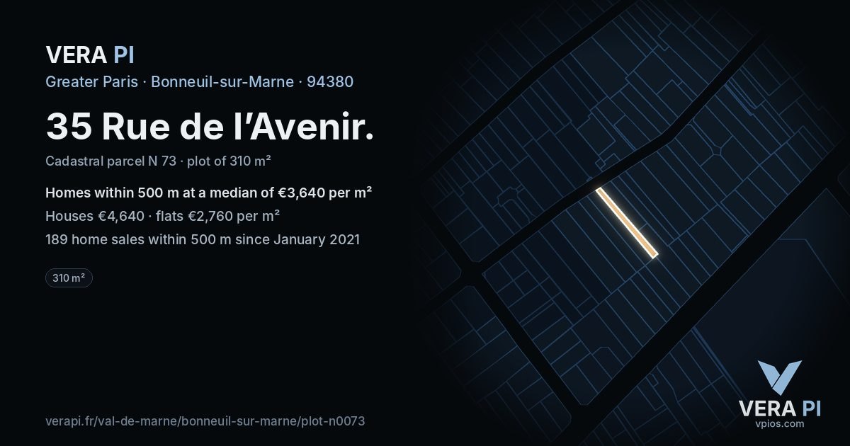 35 Rue de l’Avenir, Bonneuil-sur-Marne at night – the plot lit, the parcels around coloured by the prices near them