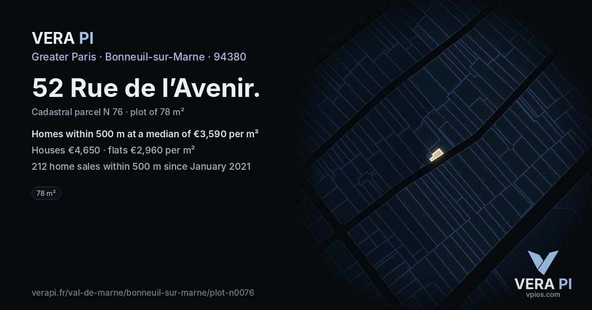 52 Rue de l’Avenir, Bonneuil-sur-Marne at night – the plot lit, the parcels around coloured by the prices near them