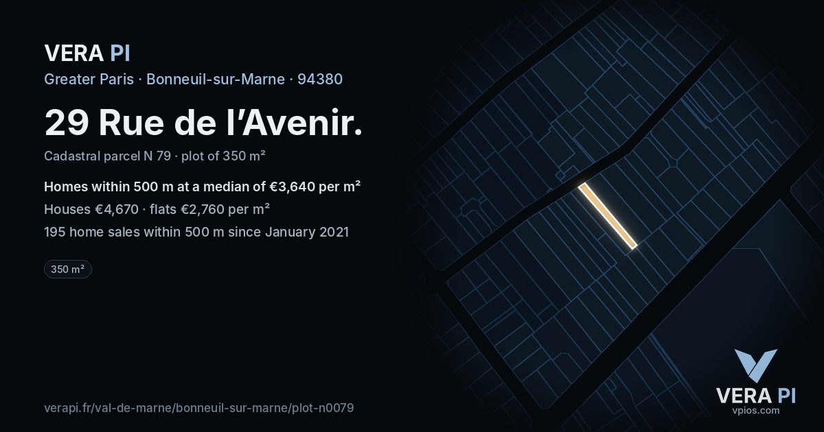29 Rue de l’Avenir, Bonneuil-sur-Marne at night – the plot lit, the parcels around coloured by the prices near them
