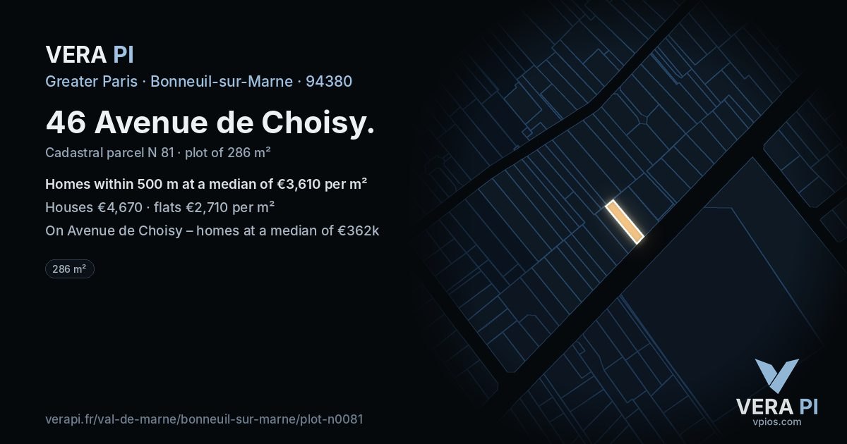 46 Avenue de Choisy, Bonneuil-sur-Marne at night – the plot lit, the parcels around coloured by the prices near them