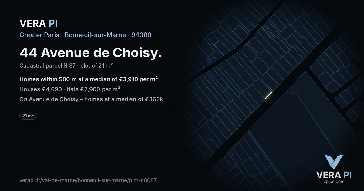 44 Avenue de Choisy, Bonneuil-sur-Marne at night – the plot lit, the parcels around coloured by the prices near them