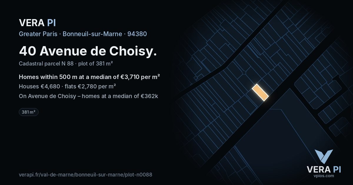40 Avenue de Choisy, Bonneuil-sur-Marne at night – the plot lit, the parcels around coloured by the prices near them