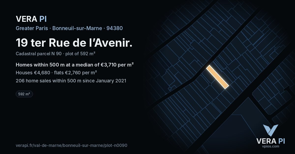 19 ter Rue de l’Avenir, Bonneuil-sur-Marne at night – the plot lit, the parcels around coloured by the prices near them