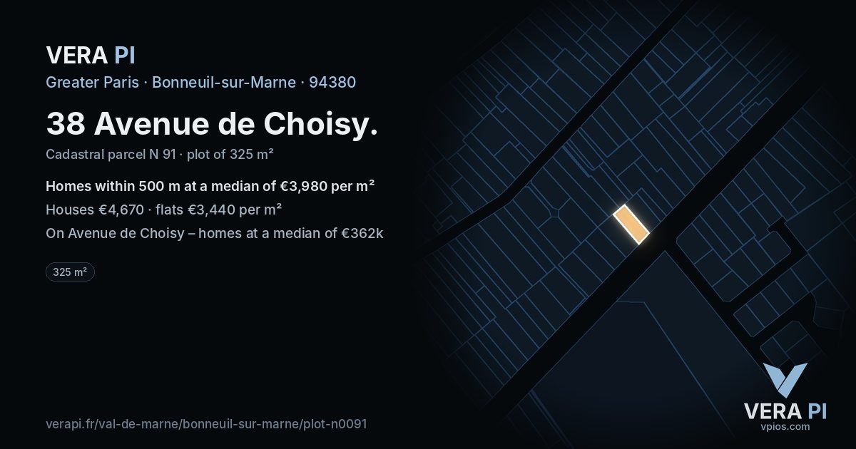 38 Avenue de Choisy, Bonneuil-sur-Marne at night – the plot lit, the parcels around coloured by the prices near them