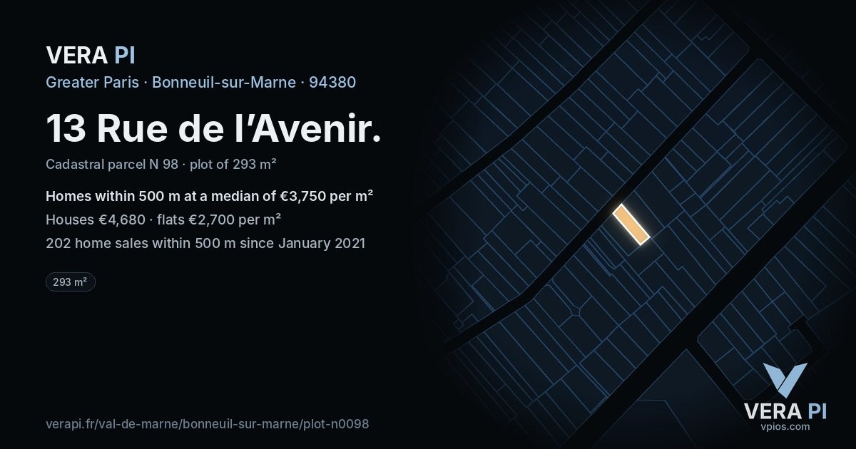 13 Rue de l’Avenir, Bonneuil-sur-Marne at night – the plot lit, the parcels around coloured by the prices near them