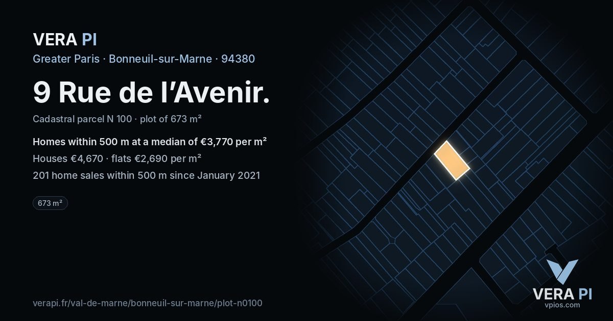 9 Rue de l’Avenir, Bonneuil-sur-Marne at night – the plot lit, the parcels around coloured by the prices near them