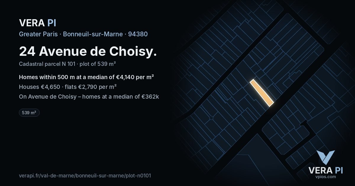 24 Avenue de Choisy, Bonneuil-sur-Marne at night – the plot lit, the parcels around coloured by the prices near them