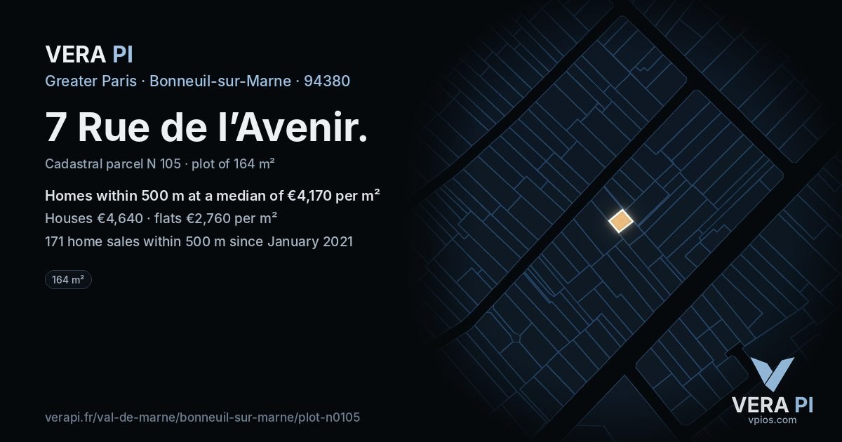 7 Rue de l’Avenir, Bonneuil-sur-Marne at night – the plot lit, the parcels around coloured by the prices near them