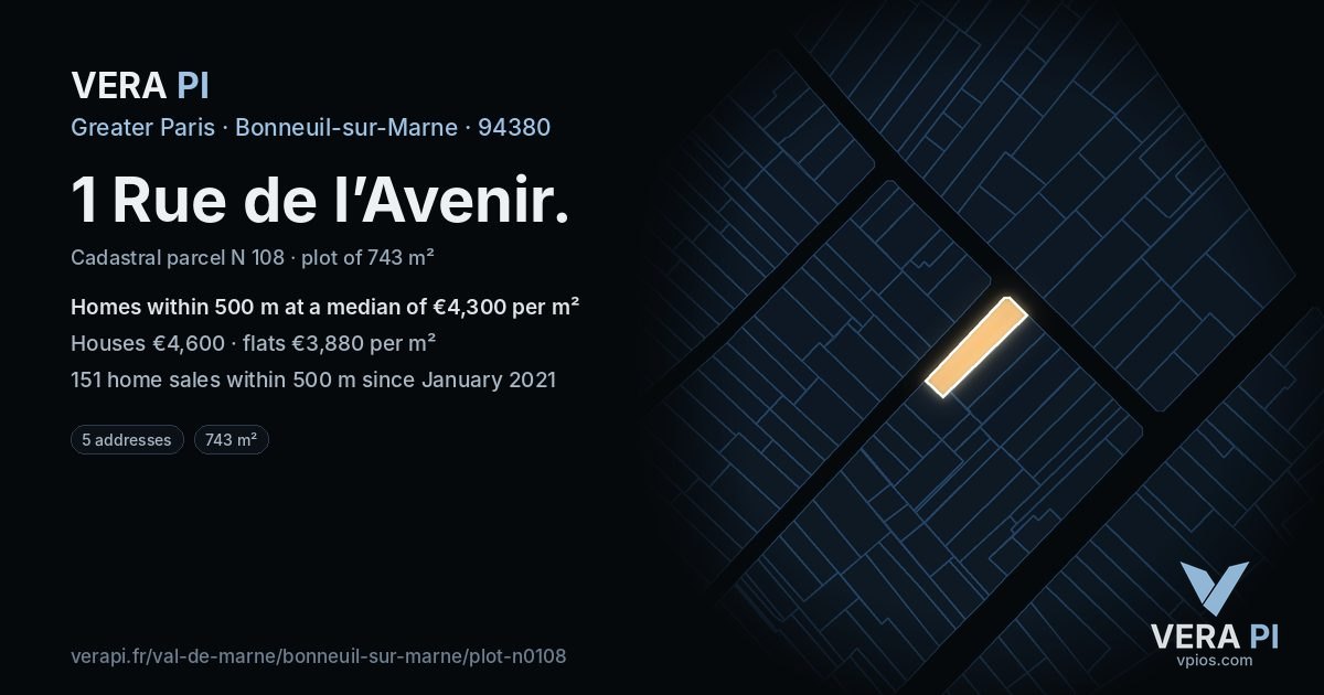1 Rue de l’Avenir, Bonneuil-sur-Marne at night – the plot lit, the parcels around coloured by the prices near them