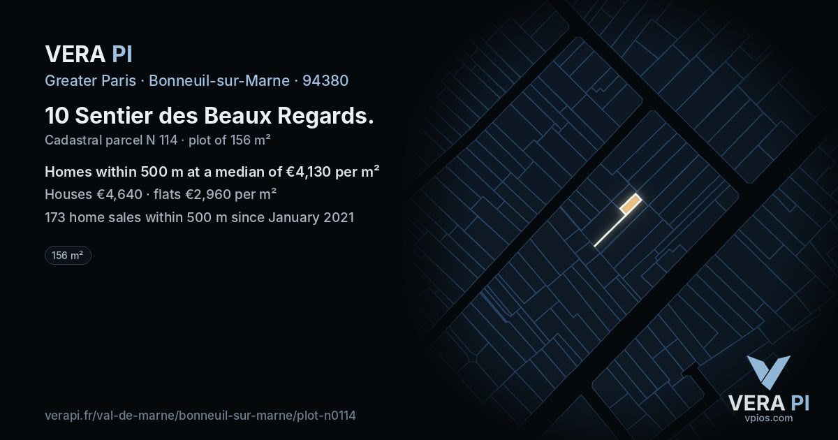 10 Sentier des Beaux Regards, Bonneuil-sur-Marne at night – the plot lit, the parcels around coloured by the prices near them
