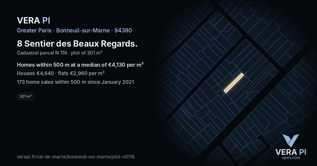 8 Sentier des Beaux Regards, Bonneuil-sur-Marne at night – the plot lit, the parcels around coloured by the prices near them