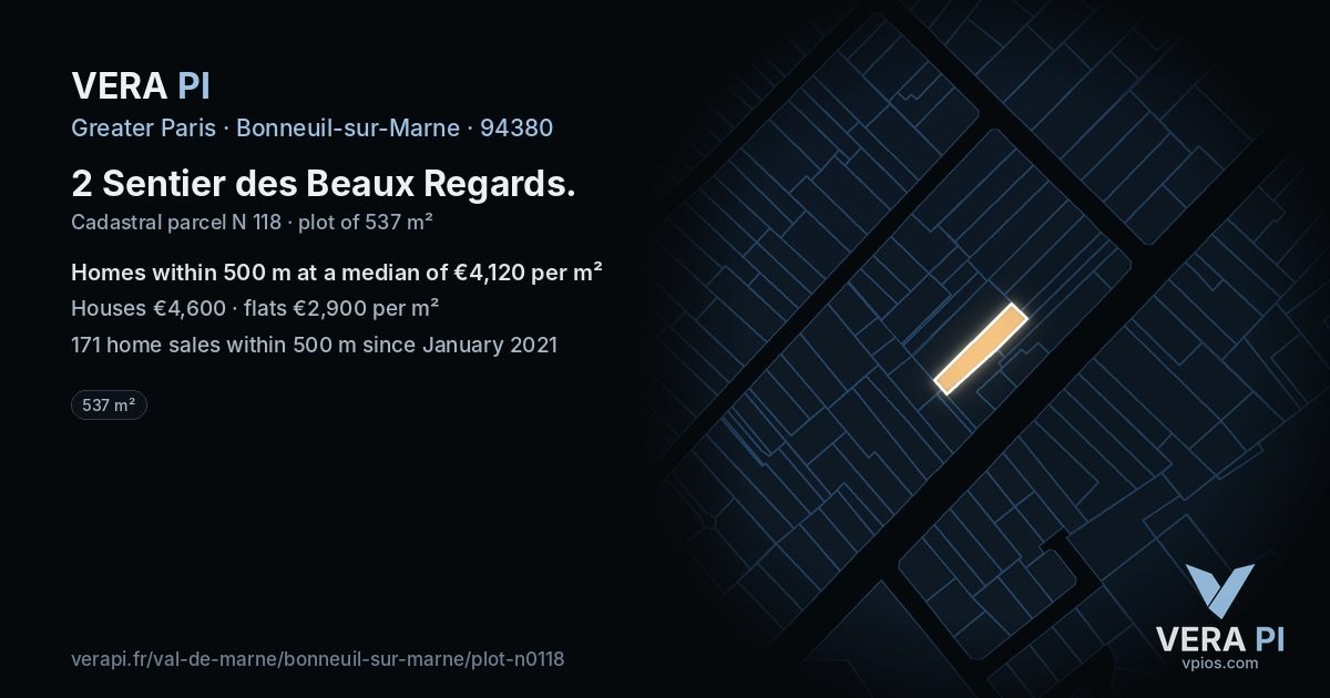 2 Sentier des Beaux Regards, Bonneuil-sur-Marne at night – the plot lit, the parcels around coloured by the prices near them
