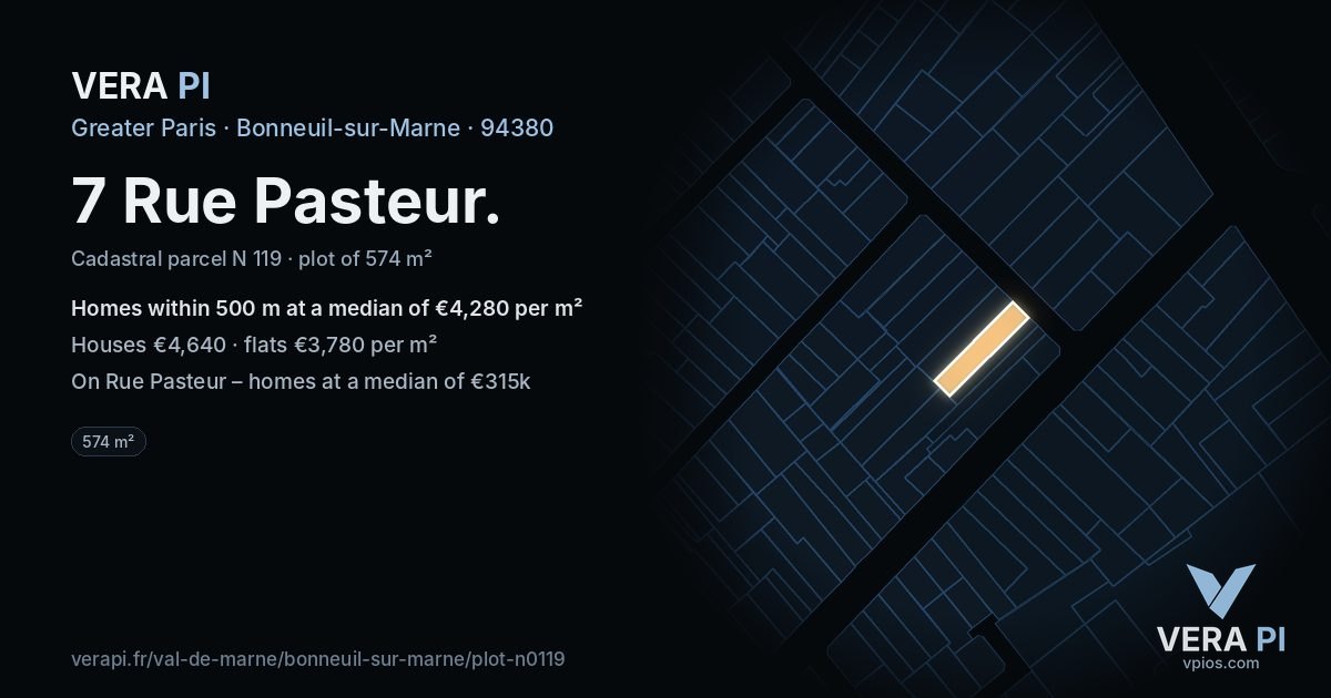 7 Rue Pasteur, Bonneuil-sur-Marne at night – the plot lit, the parcels around coloured by the prices near them