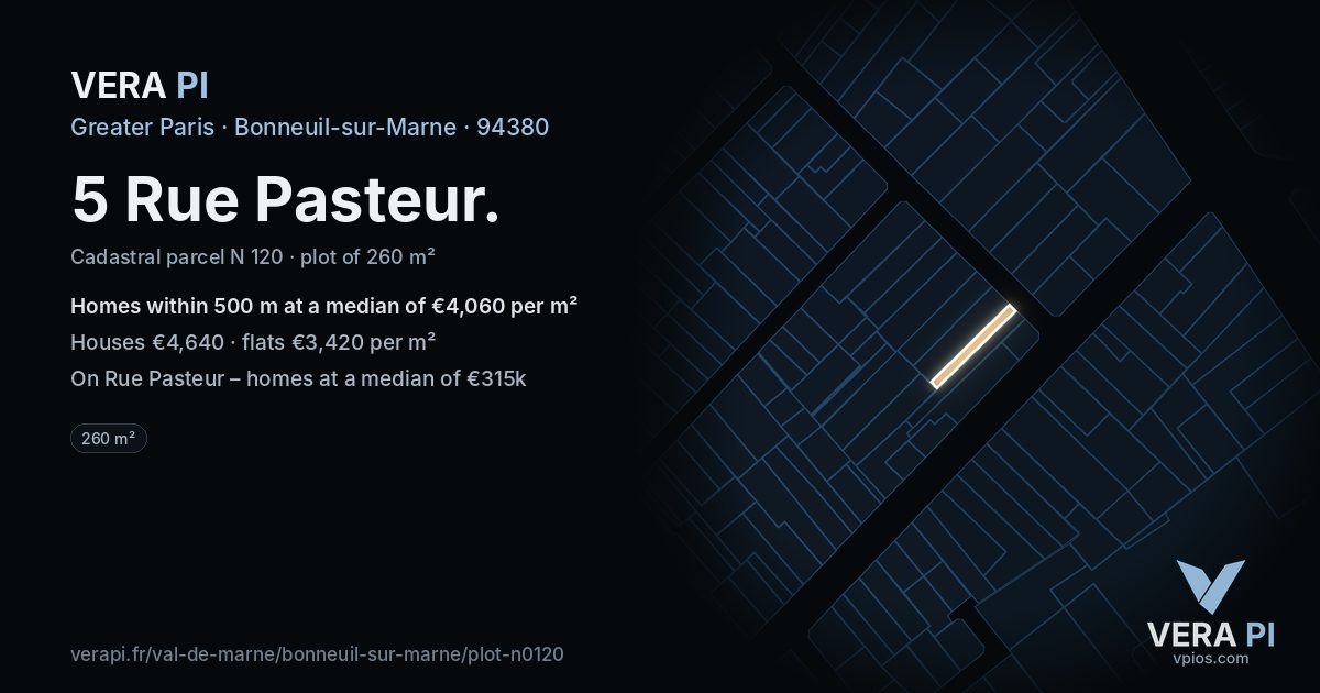 5 Rue Pasteur, Bonneuil-sur-Marne at night – the plot lit, the parcels around coloured by the prices near them
