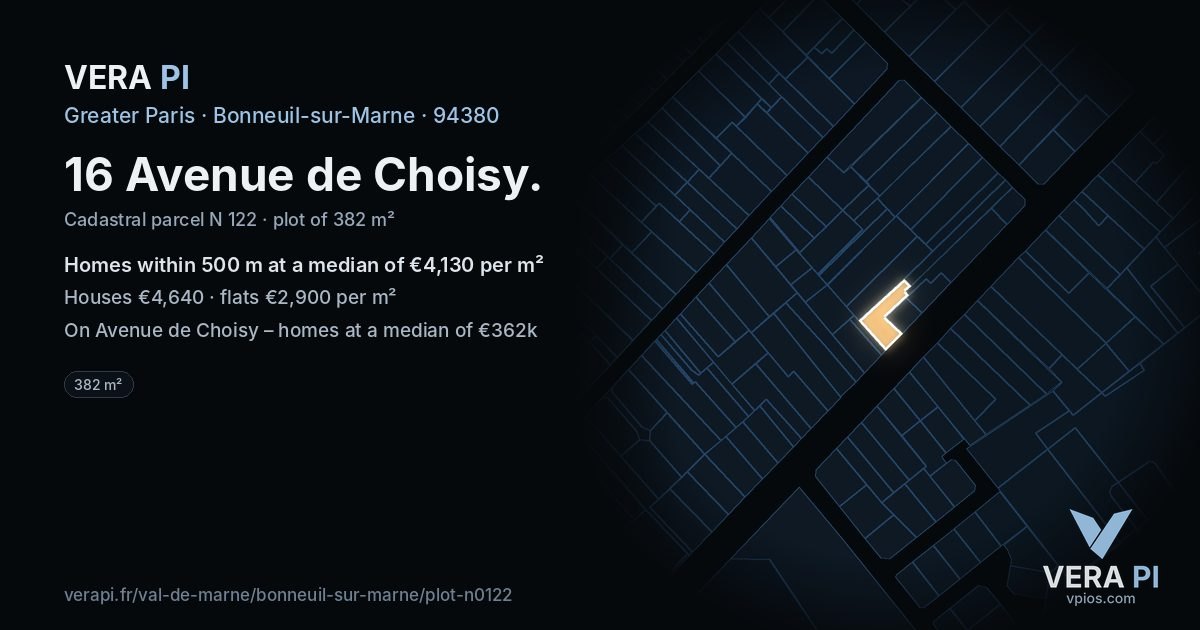 16 Avenue de Choisy, Bonneuil-sur-Marne at night – the plot lit, the parcels around coloured by the prices near them