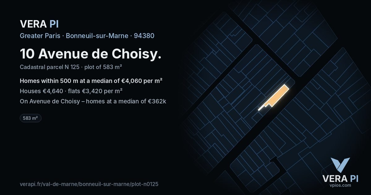 10 Avenue de Choisy, Bonneuil-sur-Marne at night – the plot lit, the parcels around coloured by the prices near them