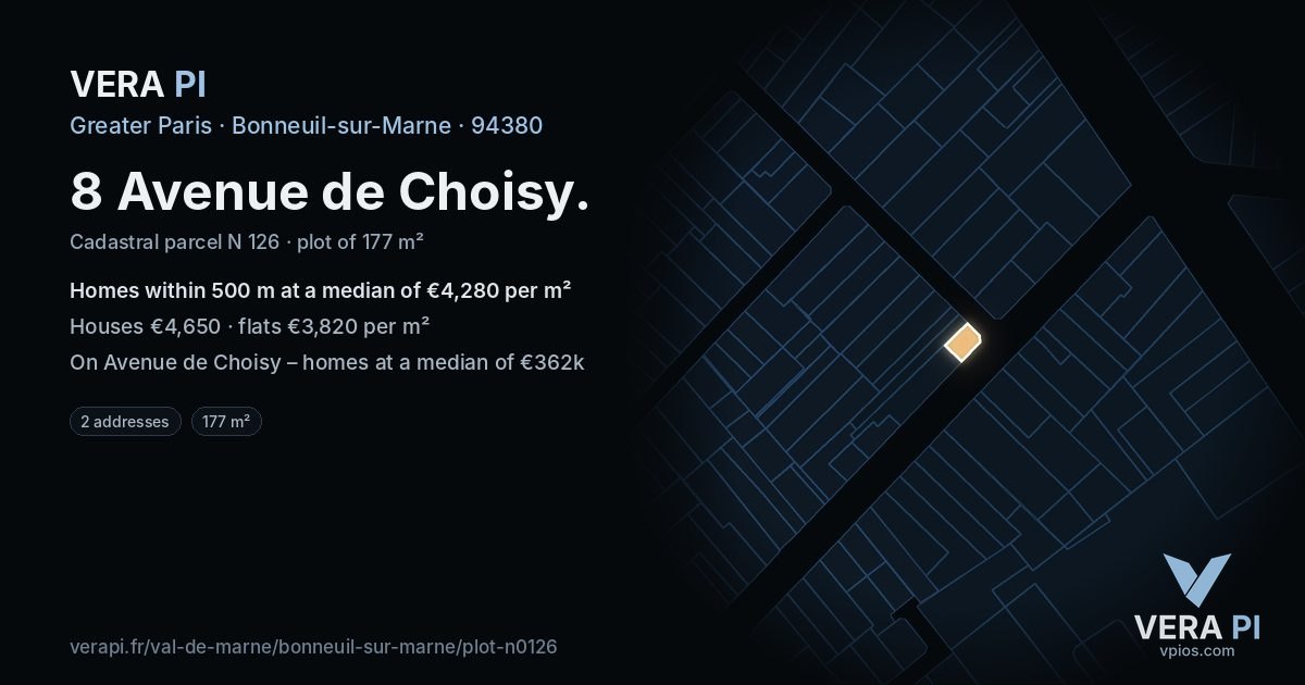 8 Avenue de Choisy, Bonneuil-sur-Marne at night – the plot lit, the parcels around coloured by the prices near them
