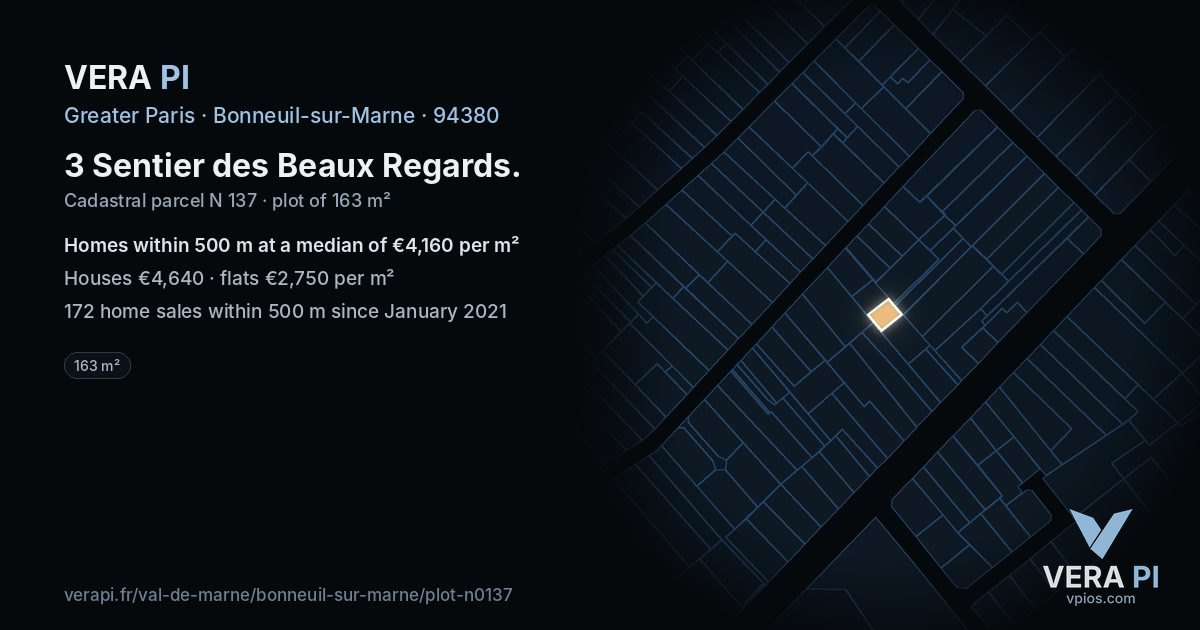 3 Sentier des Beaux Regards, Bonneuil-sur-Marne at night – the plot lit, the parcels around coloured by the prices near them