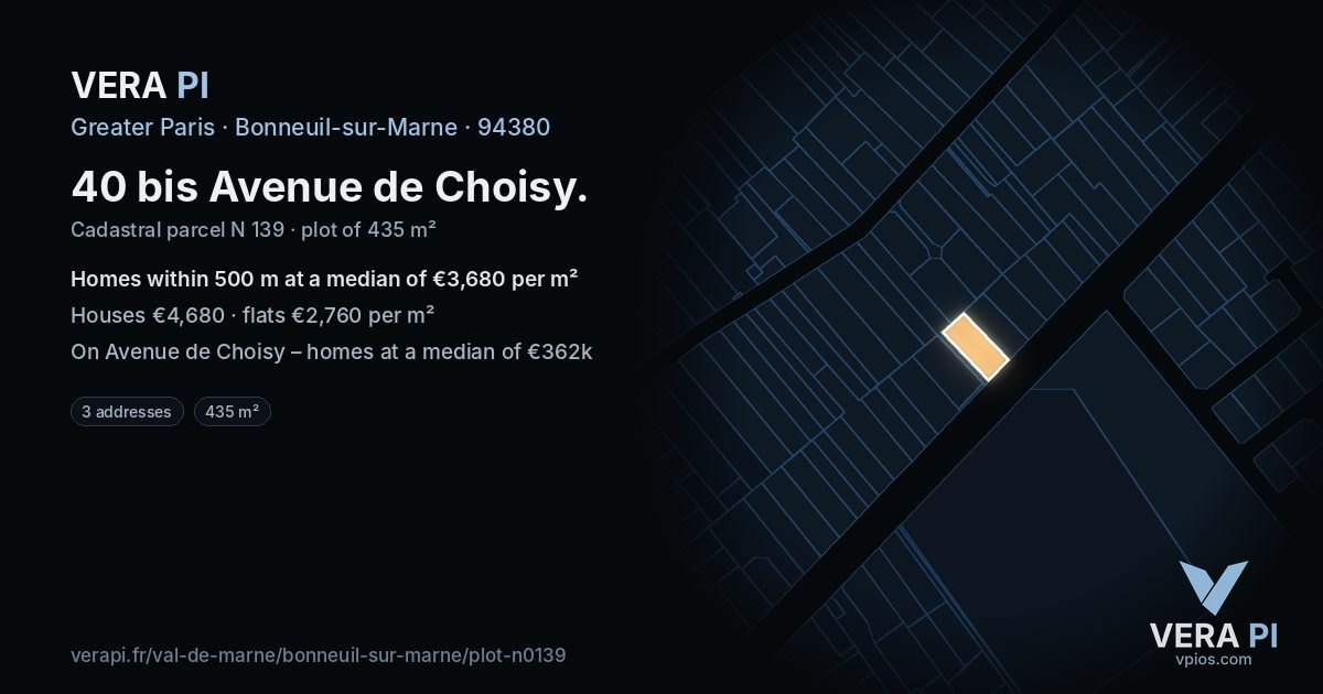 40 bis Avenue de Choisy, Bonneuil-sur-Marne at night – the plot lit, the parcels around coloured by the prices near them
