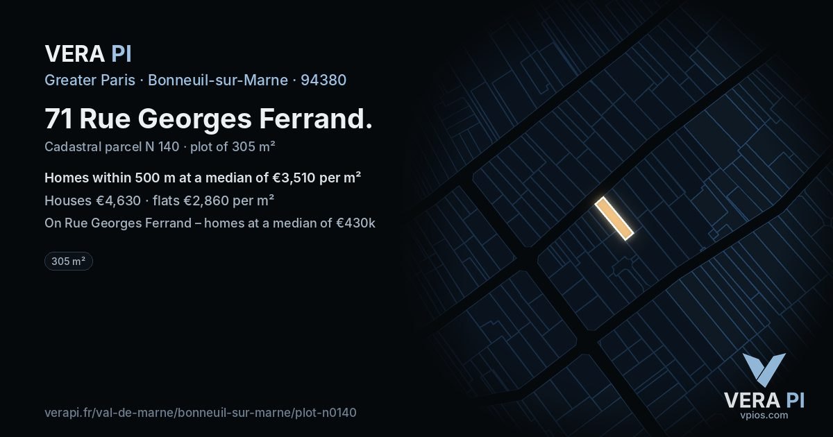 71 Rue Georges Ferrand, Bonneuil-sur-Marne at night – the plot lit, the parcels around coloured by the prices near them