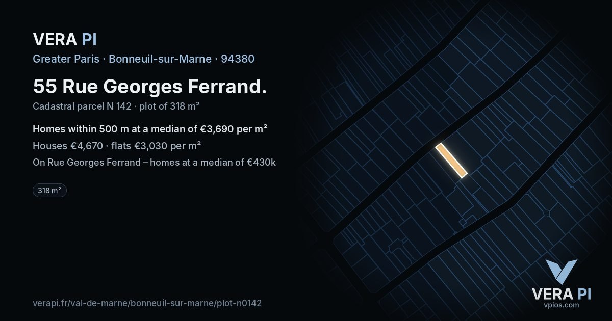 55 Rue Georges Ferrand, Bonneuil-sur-Marne at night – the plot lit, the parcels around coloured by the prices near them