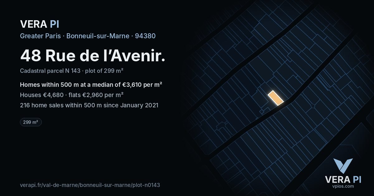 48 Rue de l’Avenir, Bonneuil-sur-Marne at night – the plot lit, the parcels around coloured by the prices near them