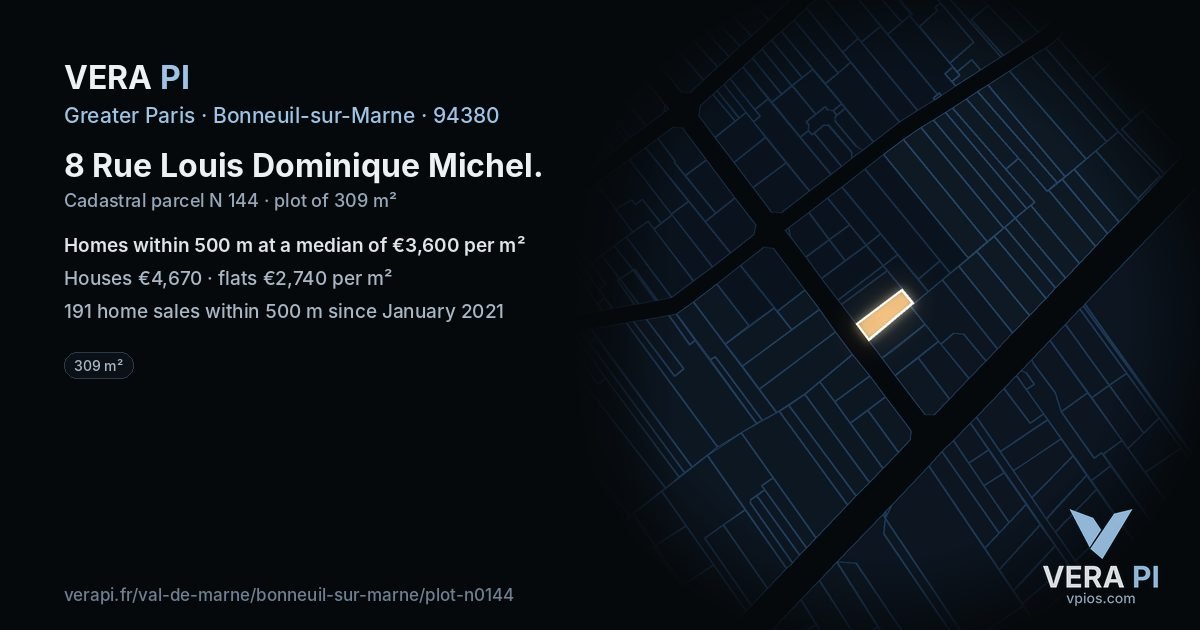 8 Rue Louis Dominique Michel, Bonneuil-sur-Marne at night – the plot lit, the parcels around coloured by the prices near them