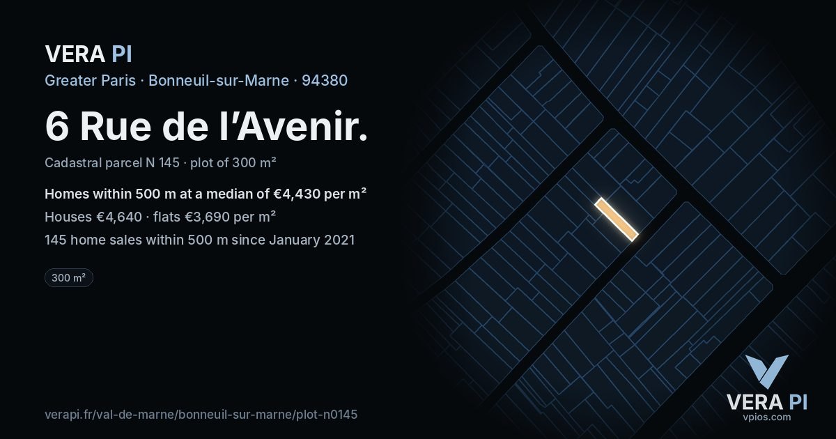 6 Rue de l’Avenir, Bonneuil-sur-Marne at night – the plot lit, the parcels around coloured by the prices near them