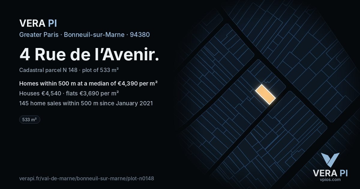 4 Rue de l’Avenir, Bonneuil-sur-Marne at night – the plot lit, the parcels around coloured by the prices near them