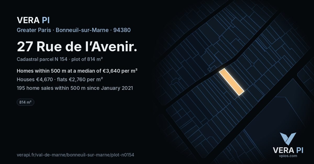 27 Rue de l’Avenir, Bonneuil-sur-Marne at night – the plot lit, the parcels around coloured by the prices near them