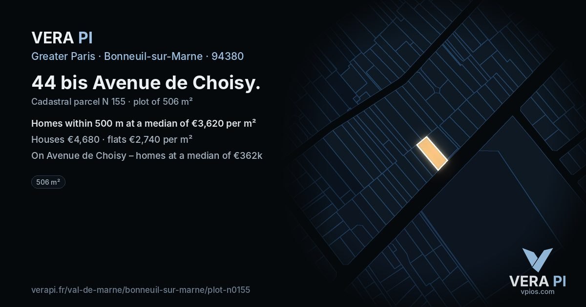 44 bis Avenue de Choisy, Bonneuil-sur-Marne at night – the plot lit, the parcels around coloured by the prices near them