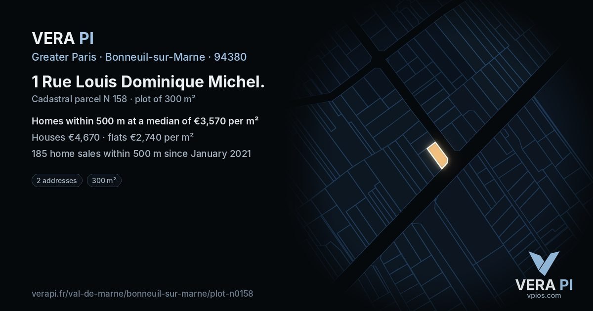 1 Rue Louis Dominique Michel, Bonneuil-sur-Marne at night – the plot lit, the parcels around coloured by the prices near them