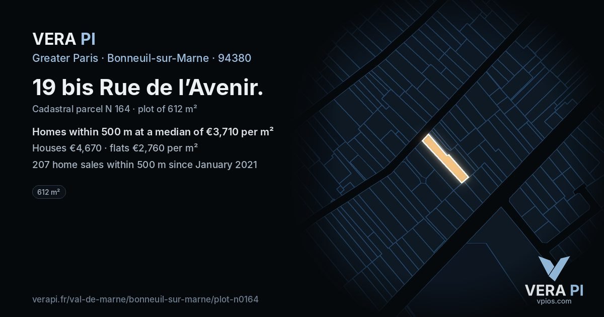 19 bis Rue de l’Avenir, Bonneuil-sur-Marne at night – the plot lit, the parcels around coloured by the prices near them