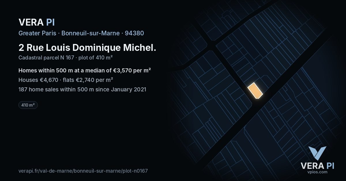 2 Rue Louis Dominique Michel, Bonneuil-sur-Marne at night – the plot lit, the parcels around coloured by the prices near them