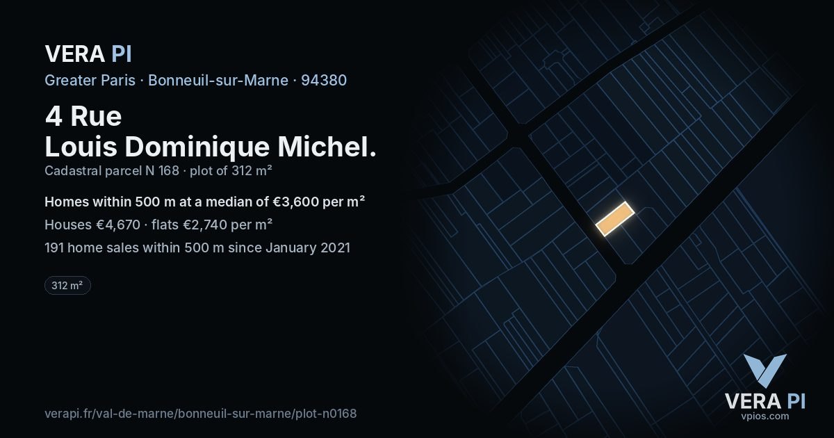 4 Rue Louis Dominique Michel, Bonneuil-sur-Marne at night – the plot lit, the parcels around coloured by the prices near them