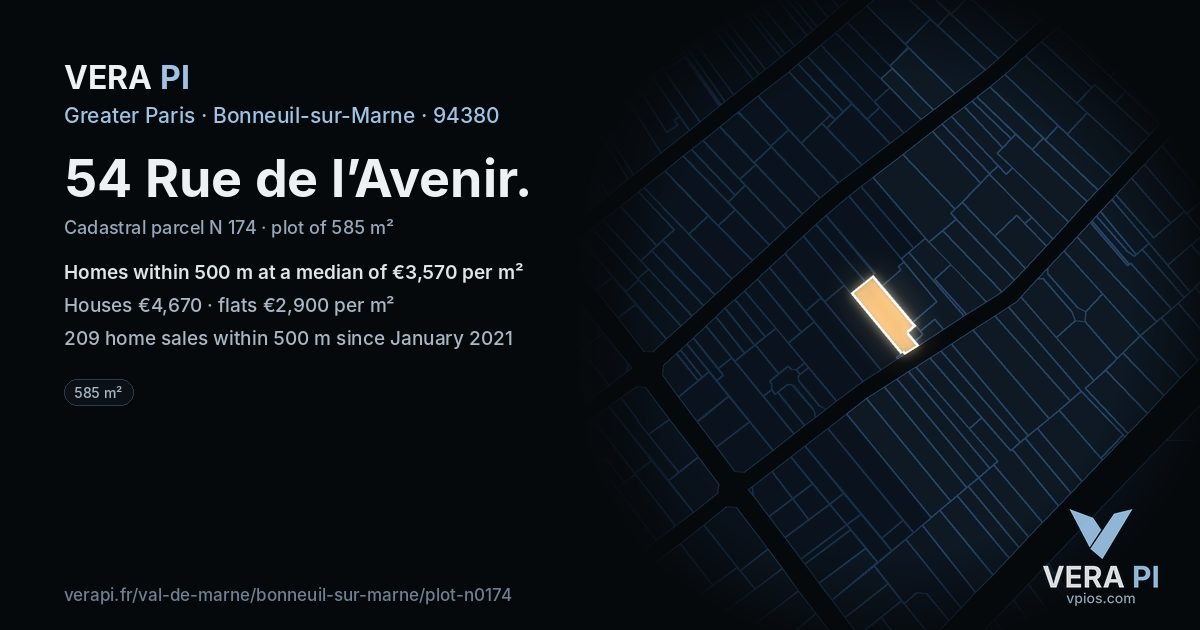 54 Rue de l’Avenir, Bonneuil-sur-Marne at night – the plot lit, the parcels around coloured by the prices near them