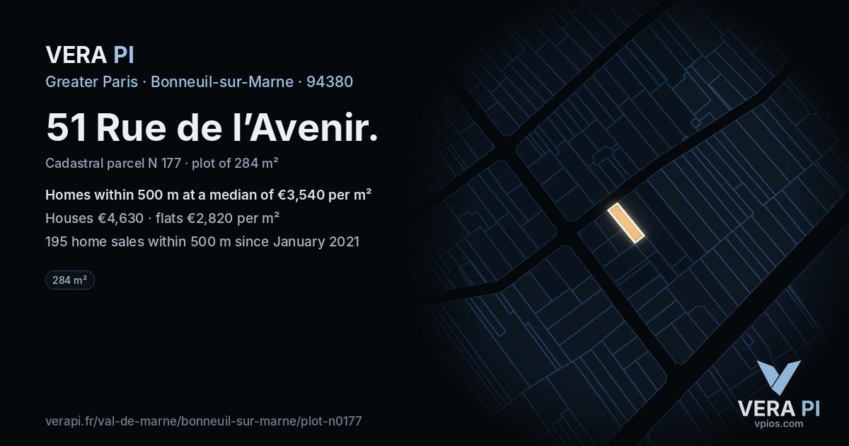51 Rue de l’Avenir, Bonneuil-sur-Marne at night – the plot lit, the parcels around coloured by the prices near them