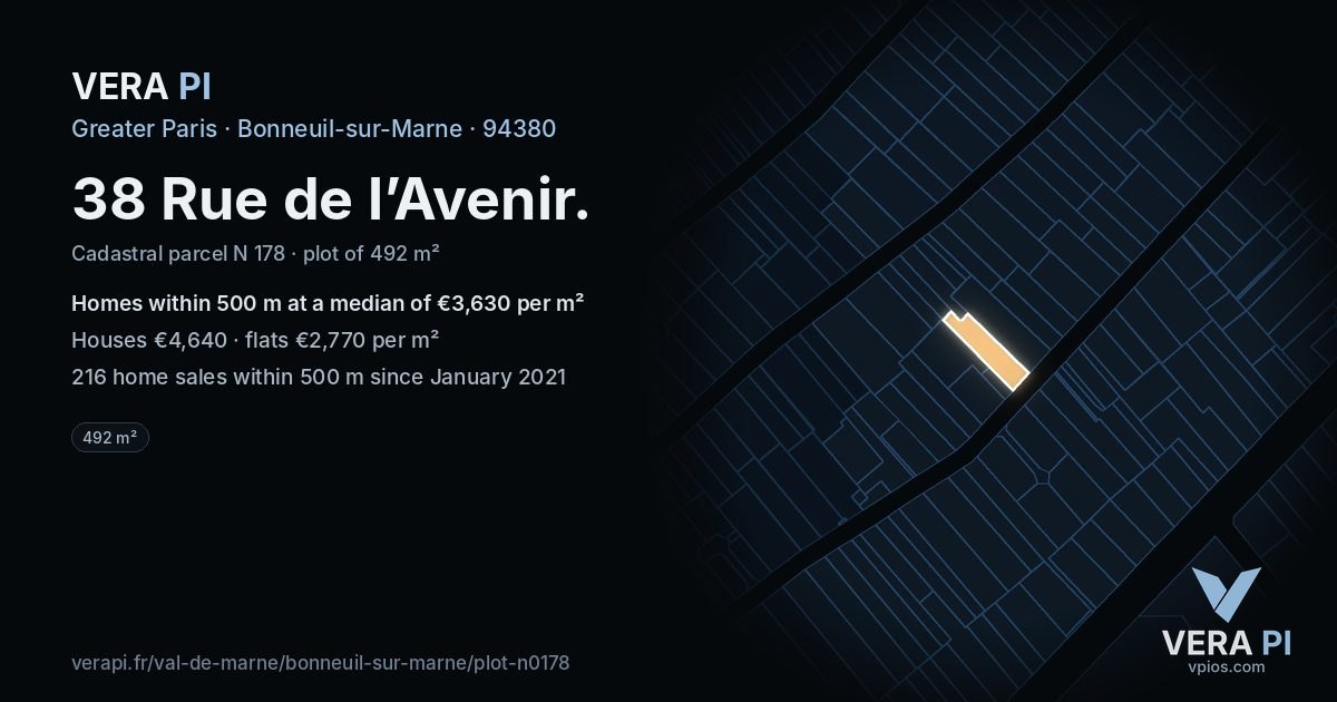 38 Rue de l’Avenir, Bonneuil-sur-Marne at night – the plot lit, the parcels around coloured by the prices near them