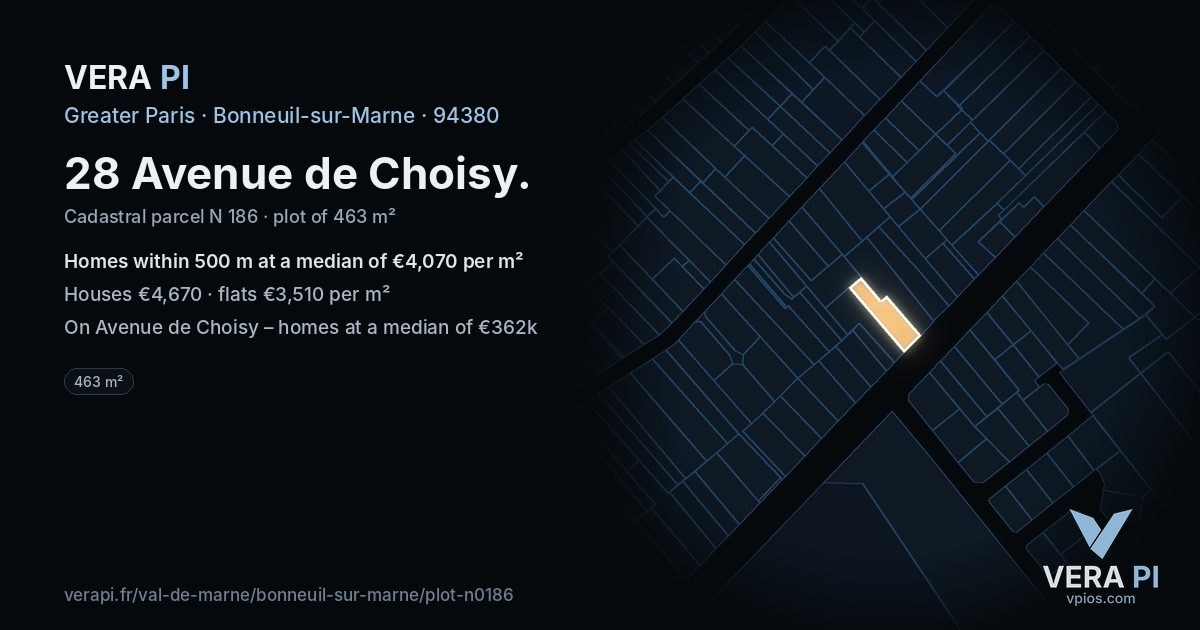 28 Avenue de Choisy, Bonneuil-sur-Marne at night – the plot lit, the parcels around coloured by the prices near them