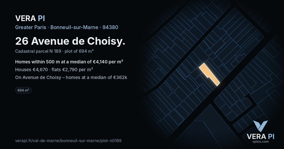 26 Avenue de Choisy, Bonneuil-sur-Marne at night – the plot lit, the parcels around coloured by the prices near them