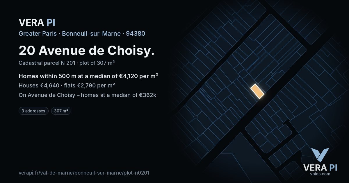 20 Avenue de Choisy, Bonneuil-sur-Marne at night – the plot lit, the parcels around coloured by the prices near them